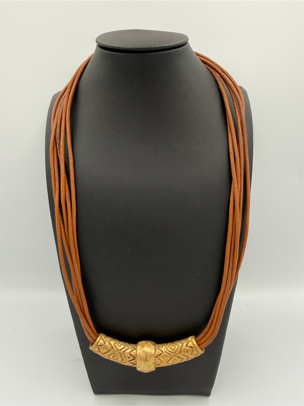 Brown Multi-Strand Leather Necklace with Gold Accent